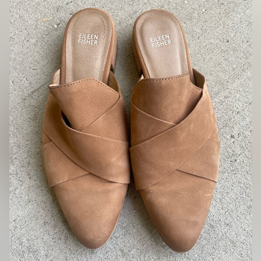 Eileen Fisher Bauer Tan Nubuck Leather Criss Cross Mules 9.5 Neutral Minimalist